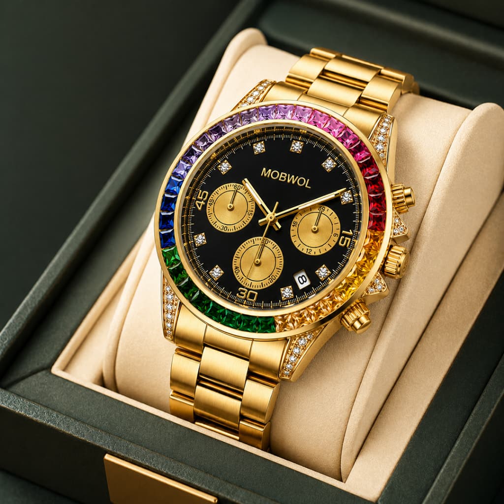 Relógio Masculino MOBWOL Dourado Rainbow Quartzo 30M Pulseira Metálica Vidro Mineral MO2601