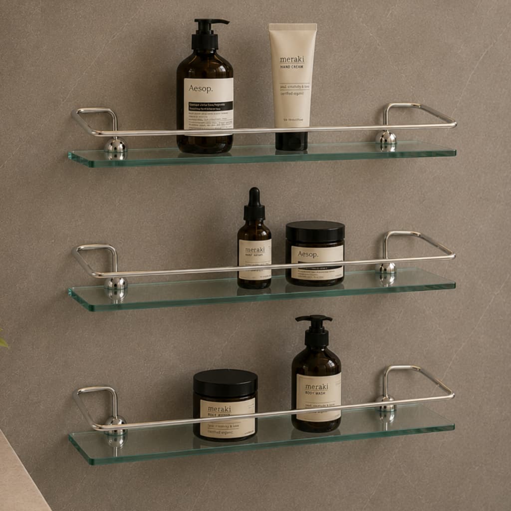 Kit 3 Prateleira de Reto Vidro Porta Shampoo Objetos Organizador para Banheiro Cozinha e Lavanderia