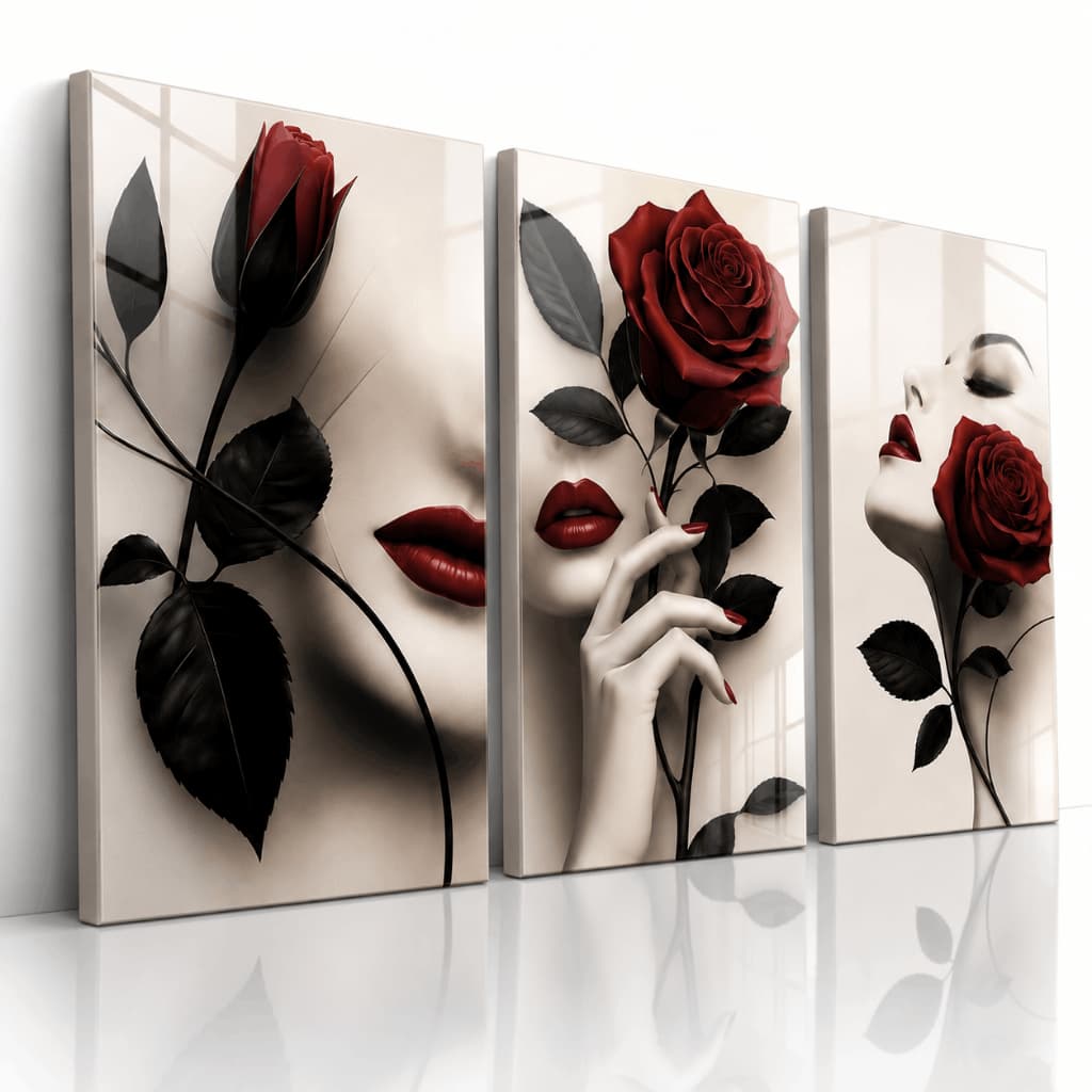 Kit 3 Quadros Decorativos Mulher com Rosas Vermelhas Arte Elegante para Sala Quarto e Salão