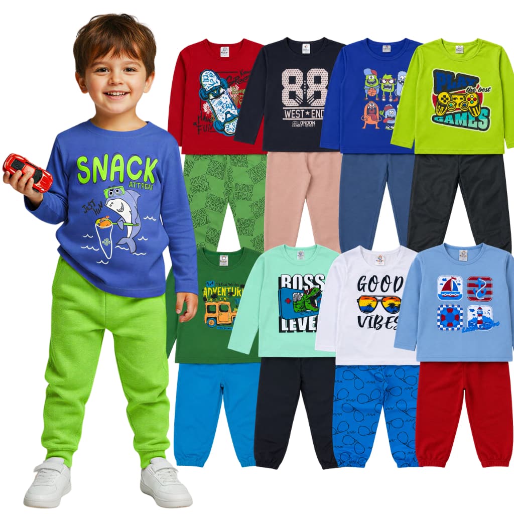 Kit 8 Peças 4 Conjunto Roupa Infantil Menino Conjunto Manga Longa Masculino Blusa Meia Estação Calça