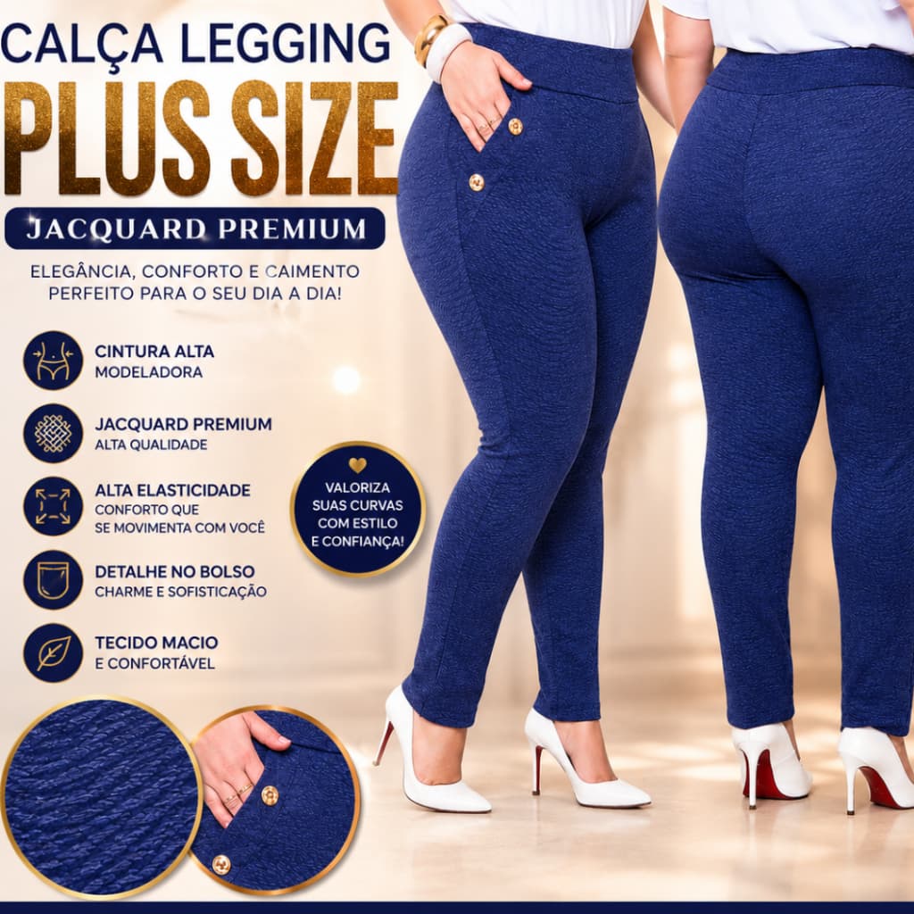 Calça legging plus Zese jacquard Alta elastecidadi cintura alta con detalhe no abolso