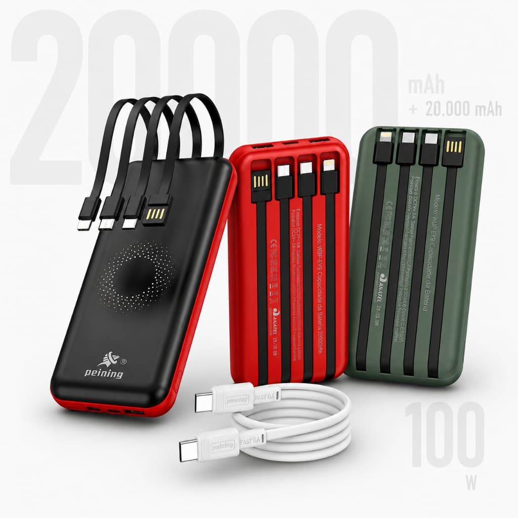 Kit Power Bank Indução 2 Unidades 20000 mAh Verde + Vermelho + Cabo 60W Branco Original Peining