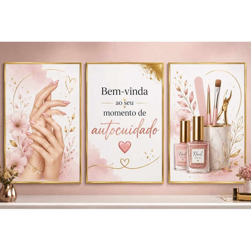 Kit 3 Quadros Decorativos para Manicure Nail Designer Bem vinda Momento Autocuidado Salão de Beleza