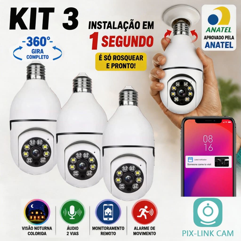 Kit 3 Câmeras Segurança WiFi 2.4G 360 Graus Encaixe Lampada App PTZ Full HD Visão Noturna