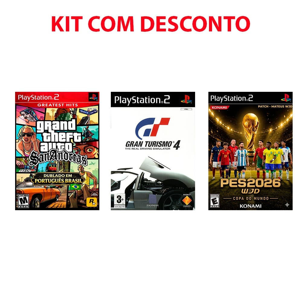 Kit 3 Jogos PS2 GTA San Andreas Dublado + PES Atualizado + Gran Turismo 4 - PlayStation 2 Desbloqueado