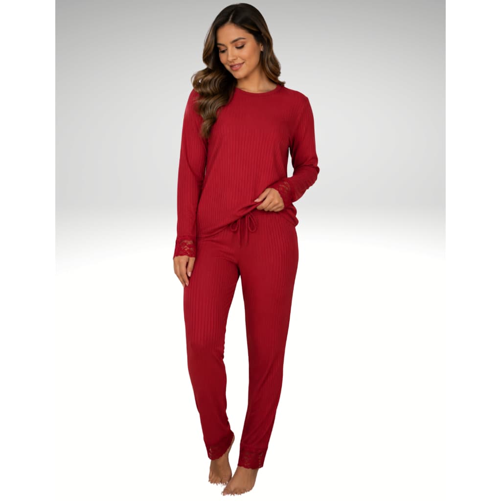 Pijama Longo Feminino Liso em Malha Suede Canelado com Renda Manga Longa e Calça Confortável