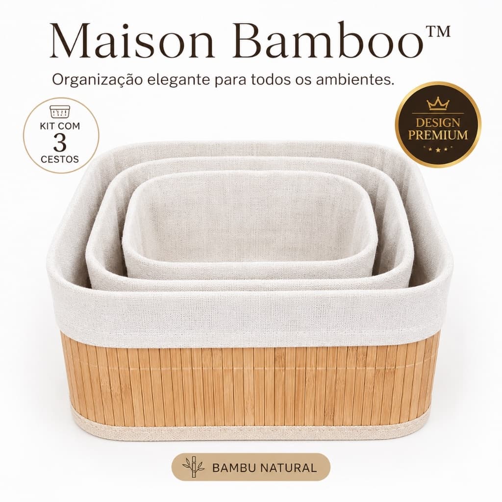 Kit 3 Cestos Organizadores de Bambu com Forro Removível | Organizador Multiuso para Cozinha, Banheiro, Quarto e Escritór