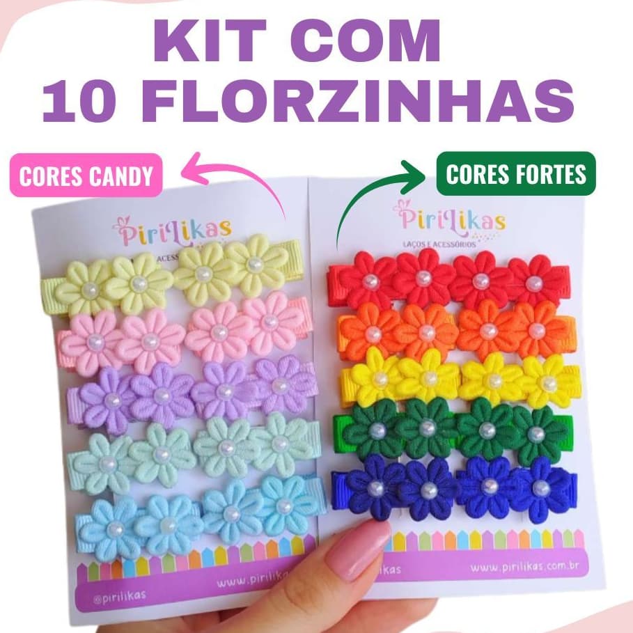 Kit 10 Florzinhas Bebê RN no Velcro ou na Mini Presilha Forrada com Antideslizante Presente Saida Maternidade