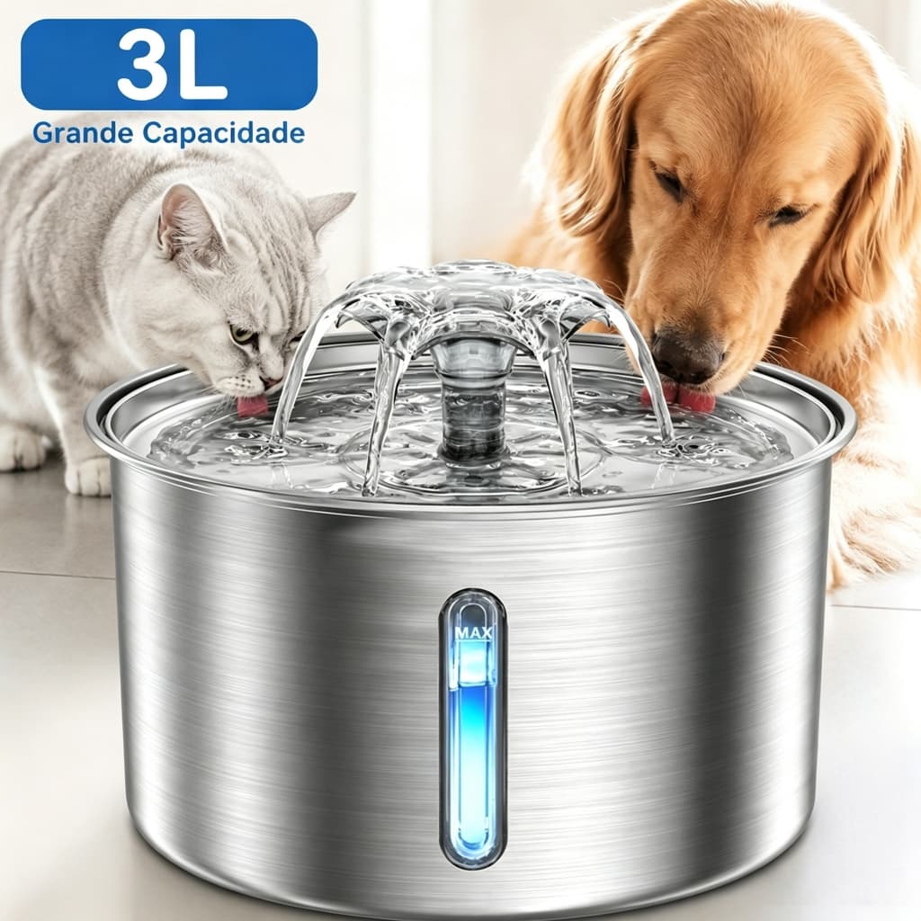 Aço Inoxidável Fonte para Gatos com Filtro 3L Dispensador de água para Cães Bebedouro Gato Automático Super Silencioso