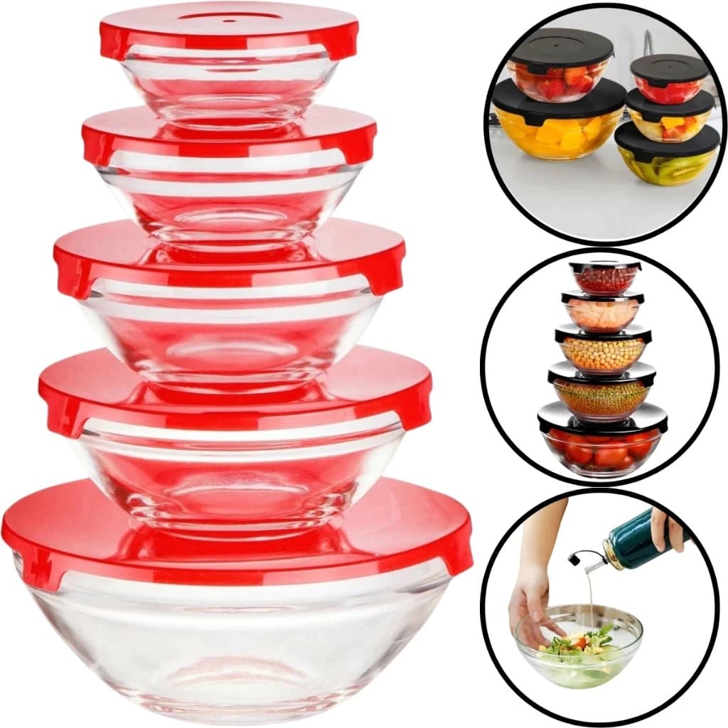 Kit 5 Tigelas de Vidro Redondas com Tampas Herméticas Potes para Cozinha e Armazenamento