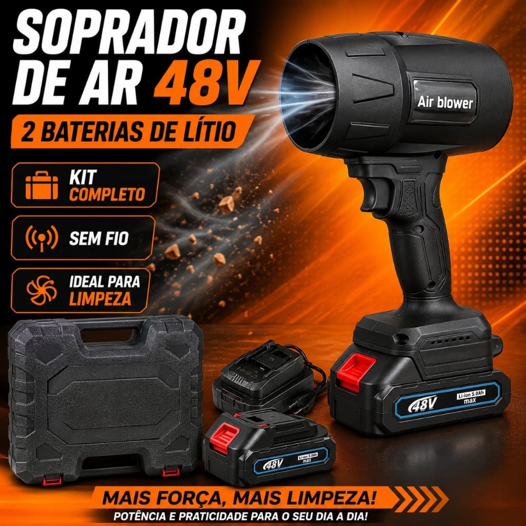Soprador Sem Fio 48V Profissional – Kit com 2 Baterias, Maleta, Potente e Portátil para Limpeza de Folhas, Jardim, Garag