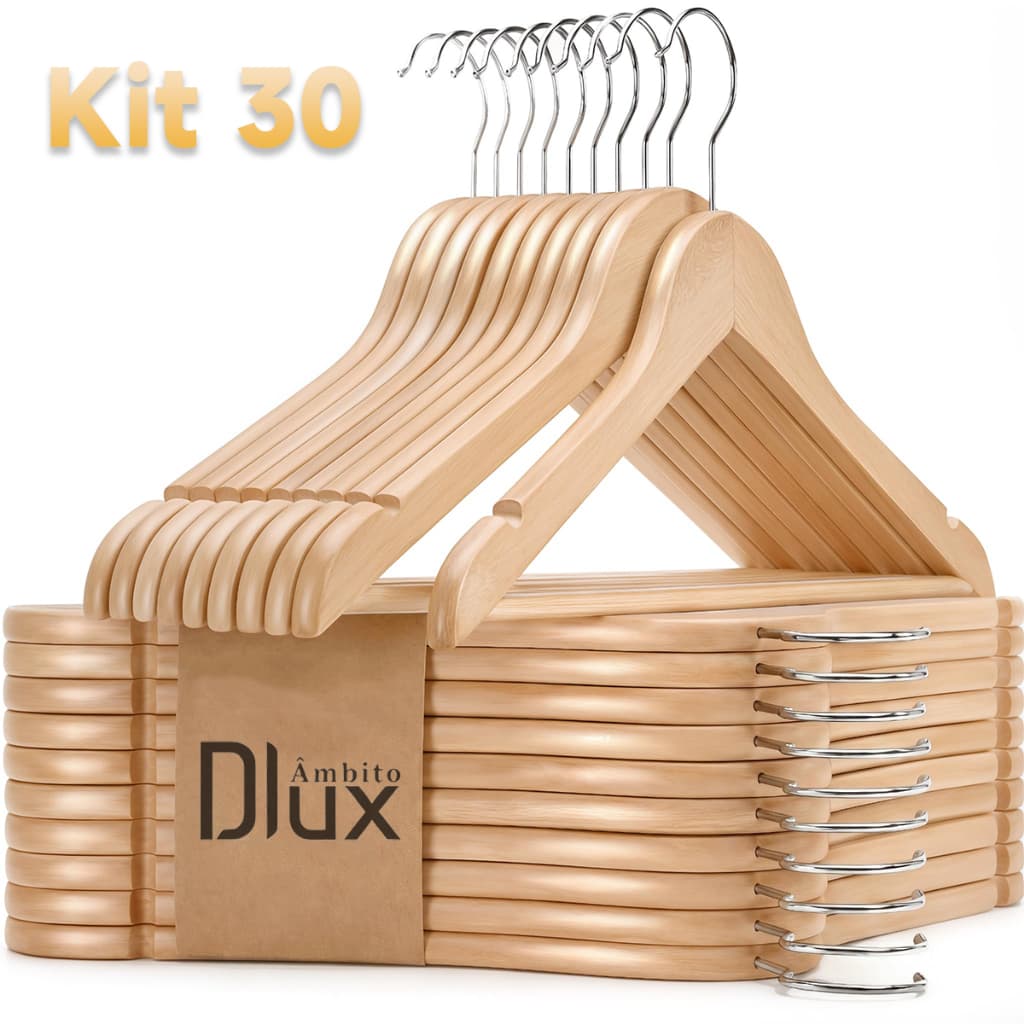 Ambito Dlux Kit 30 Cabides De Madeira Marfim Verniz Gancho Metal Adulto 44cm Para Roupas