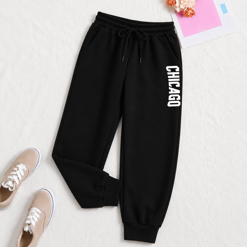 Calça De Moletom Feminina Chicago Letras Estampa Street Wear Conforto Para Academia Exercicios Dia A Dia