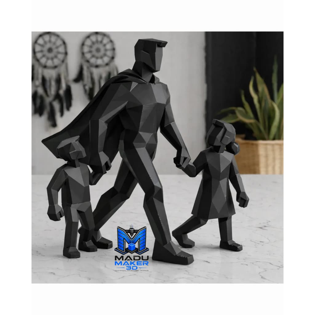 Estátua Super-Herói com Filhos em Impressão 3D | Escultura Decorativa Geek | Presente para Pai | Decoração Moderna