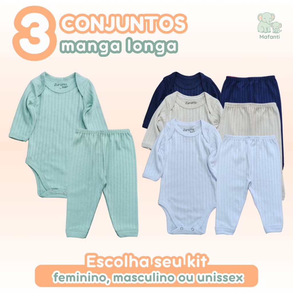 Kit 6 Peças Bebê Conjunto Canelado Comfort Body Manga Longa Calça 100% Algodão Suedine Liso Meia Estação Menino Menina