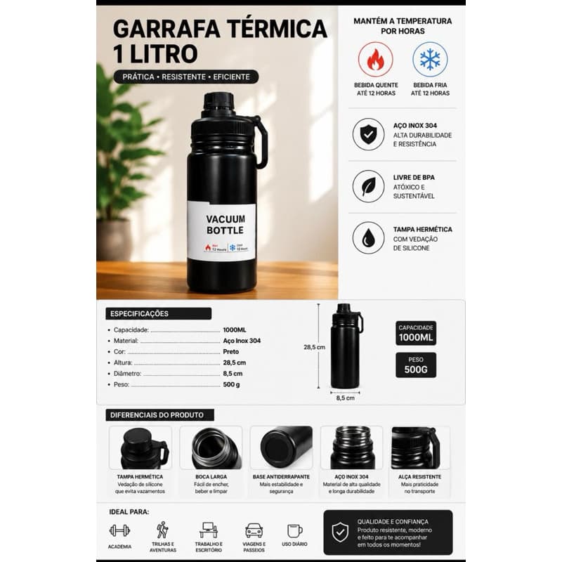 Garrafa Térmica 1000ml Frio/Quente Aço Inoxidável Copo Esportivo Portátil