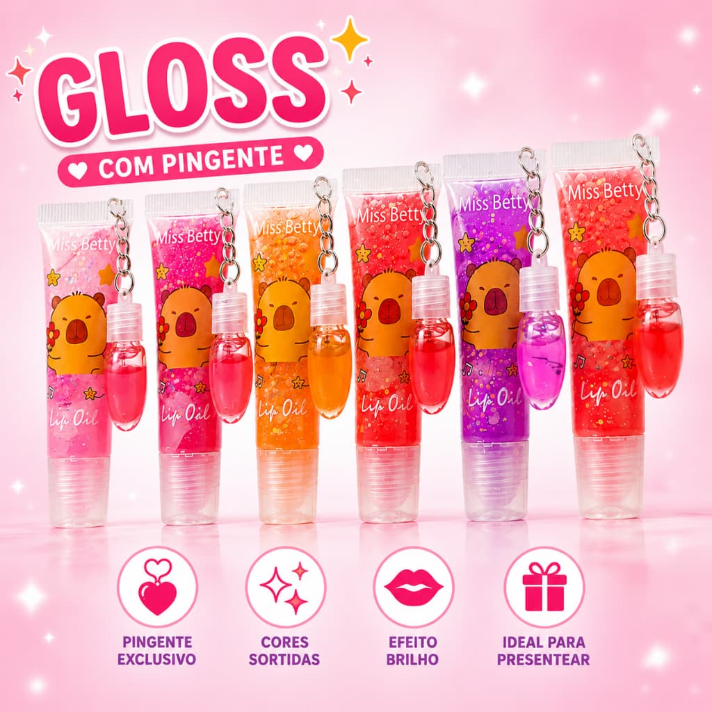 Lip Gloss com Glitter e pingente Capivara