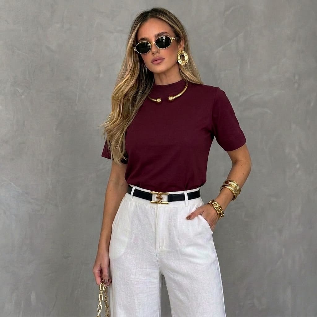 Tshirt Camiseta Feminina Zara Algodão Gola Alta Elegante Casual