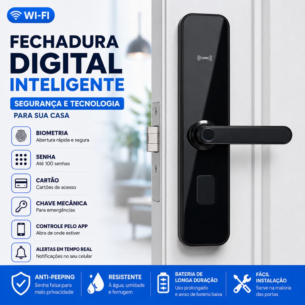 Fechadura Digital Inteligente Wi-Fi Biometria Senha Cartão App Smart Lock