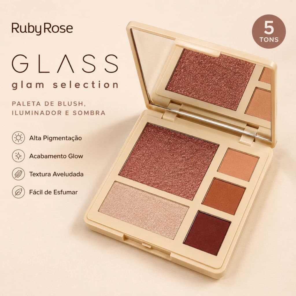 Paleta Ruby Rose Glass glam selection - 3 Em 1 Blush Iluminador e Sombras