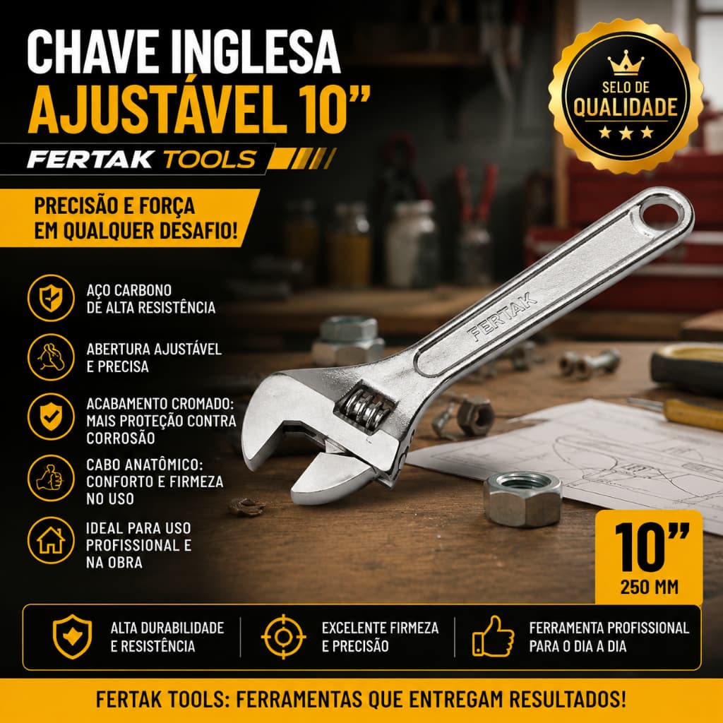 Chave Inglesa Ajustável 10" Fertak Tools Ferramenta Profissional Aço Carbono Obra