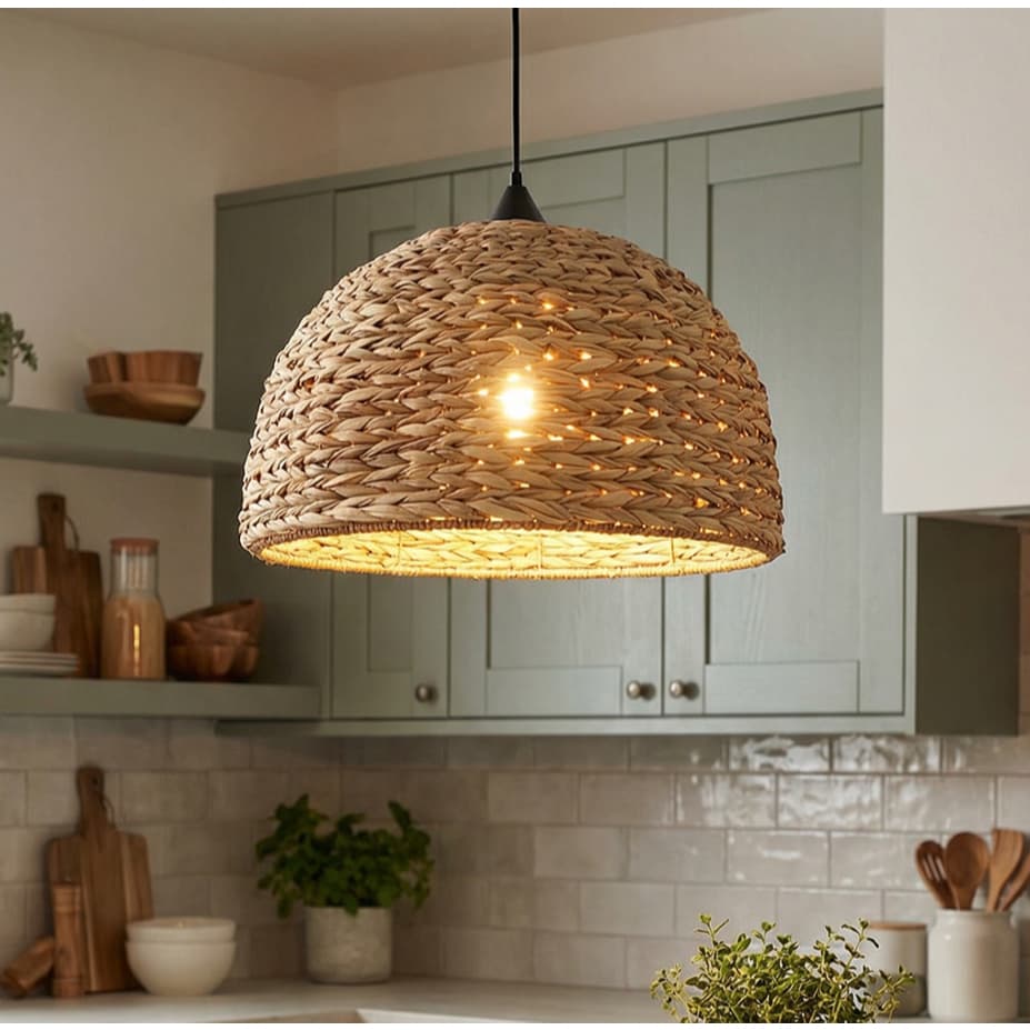 Luminária Natural Pendente Trançado 30cm Fibra Alga Sala Jantar Luminária Teto