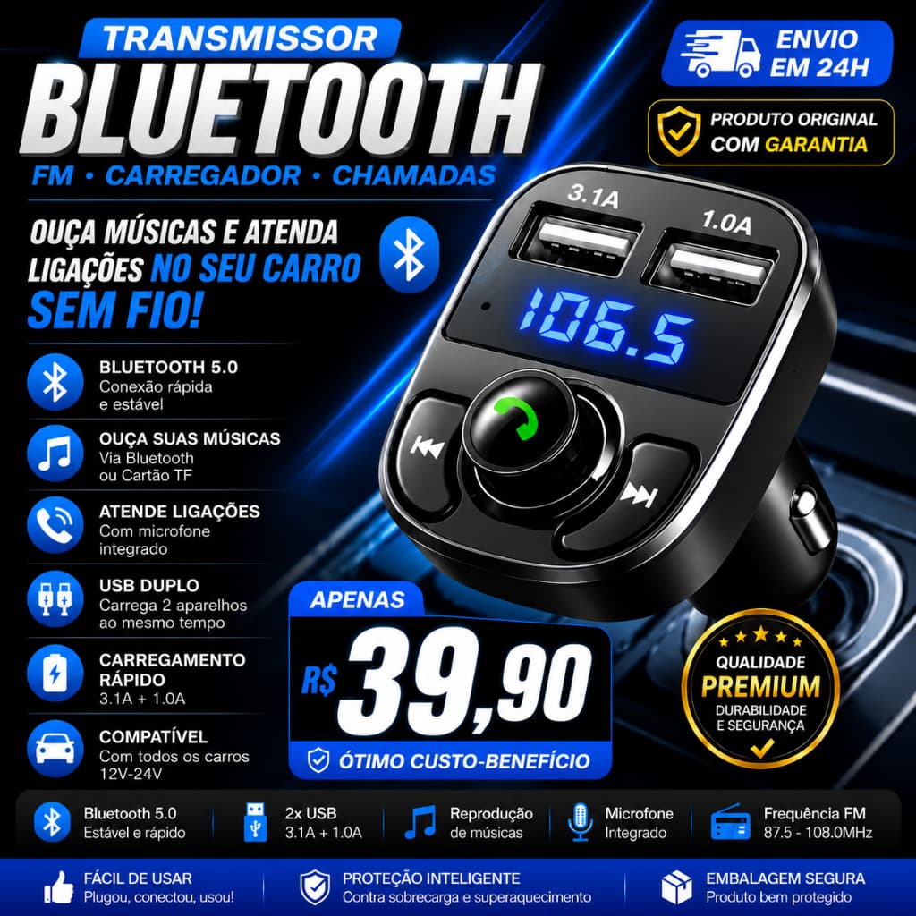 Transmissor Bluetooth Carro FM USB Duplo Atende Ligações