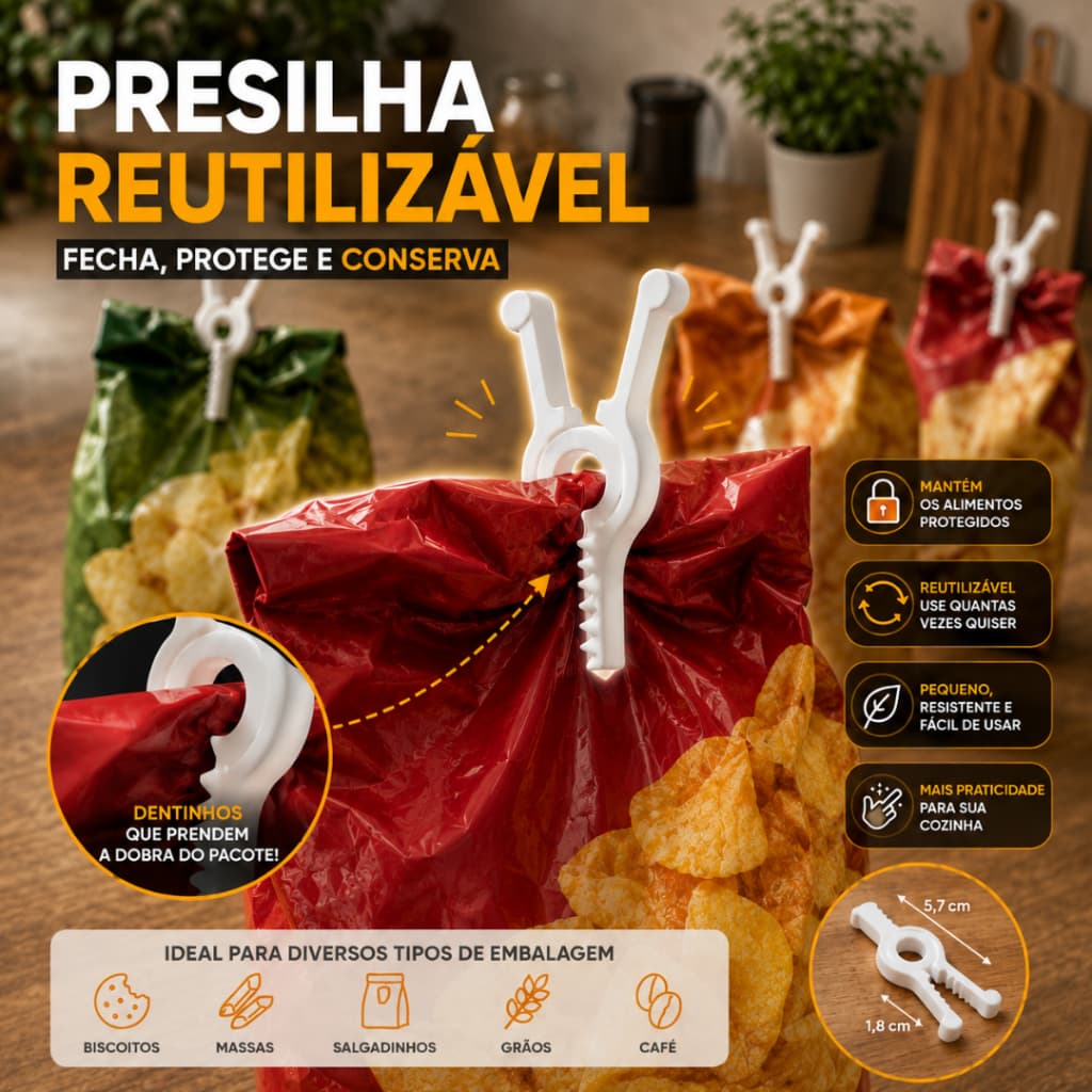 Kit 10 Prendedores de Embalagem para Cozinha Presilha Seladora Reutilizável Fecha Pacotes