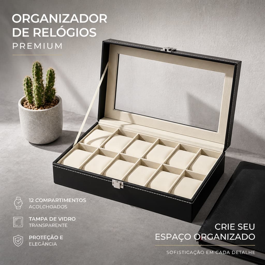 Caixa de Relógio de Couro Ecológico Suporte de Luxo 6 ou 12 Ranhuras com Visor de Vidro