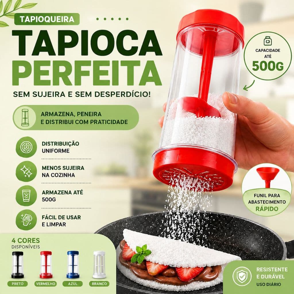 Tapioqueira 2 em 1 Peneira e Armazenador de Tapioca 500g Dispenser Dosador Manual