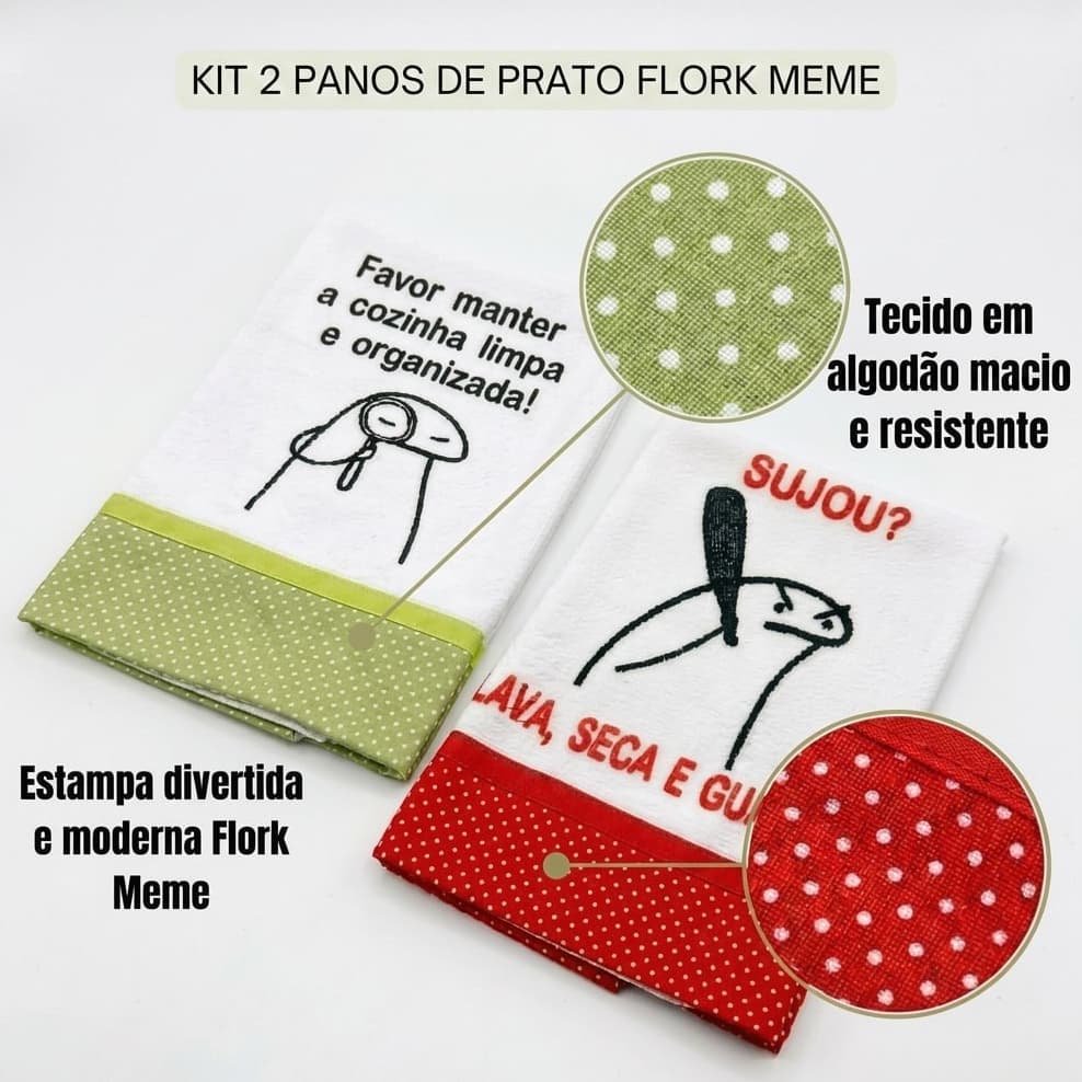 Kit 2 Panos De Prato Flork Bordado Estampado 100% Algodão Sacaria pé de galinha Guardanapo Meme Bento Divertidos