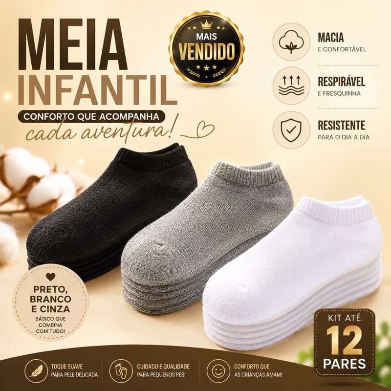Kit 3 Até 12 Pares De Meias Colegial e Casual Infantil Algodão 0-15 Anos