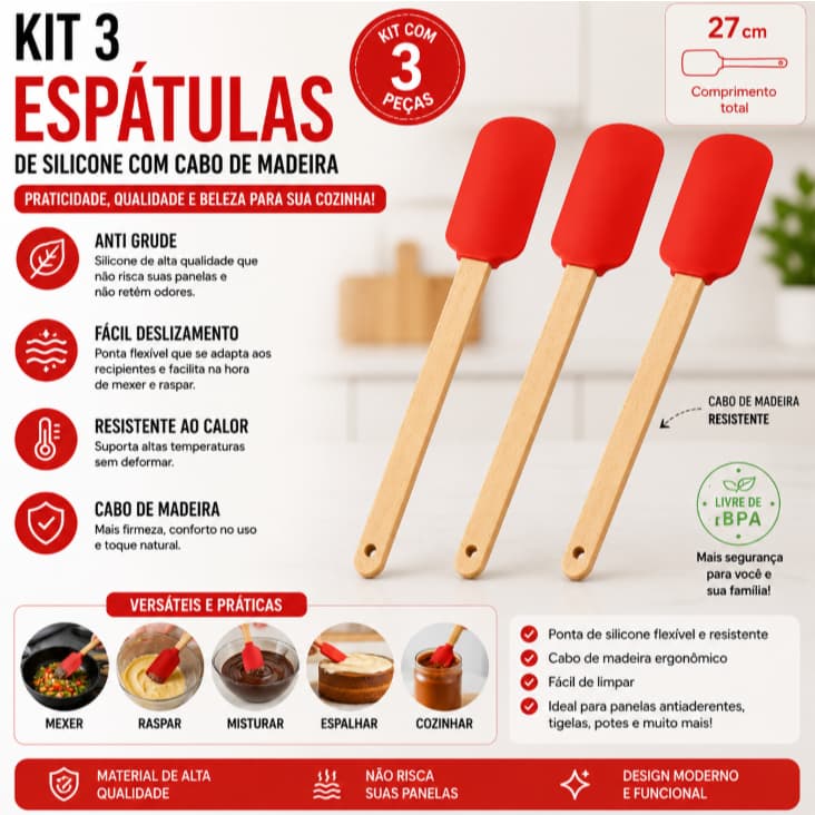 Kit 3 Espátulas de Silicone Reforçada Anti-Grude e Risco Cabo de Bambu-Belakasa