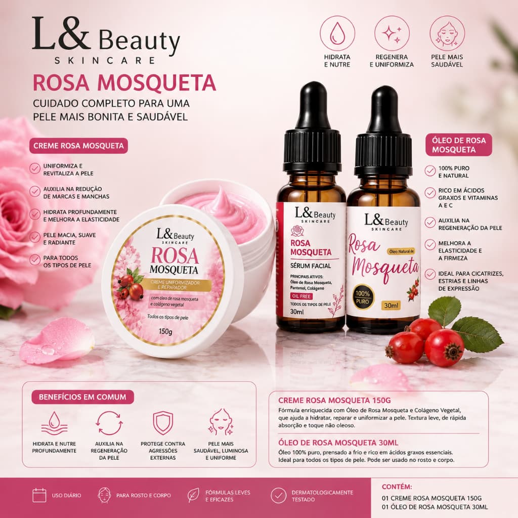 Kit Rosa Mosqueta L&Beauty Creme 150g Sérum Facial 30ml Óleo 30ml Skincare
