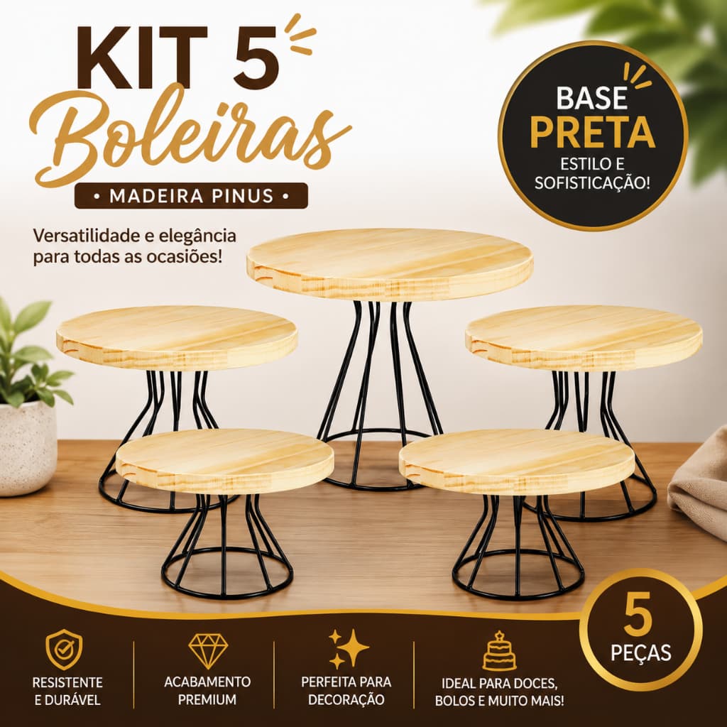 Kit 5 Combo Boleira Doceiras Modelo Roma Madeira Pinus e Ferro Decorativo Para Mesa De Festa Eventos