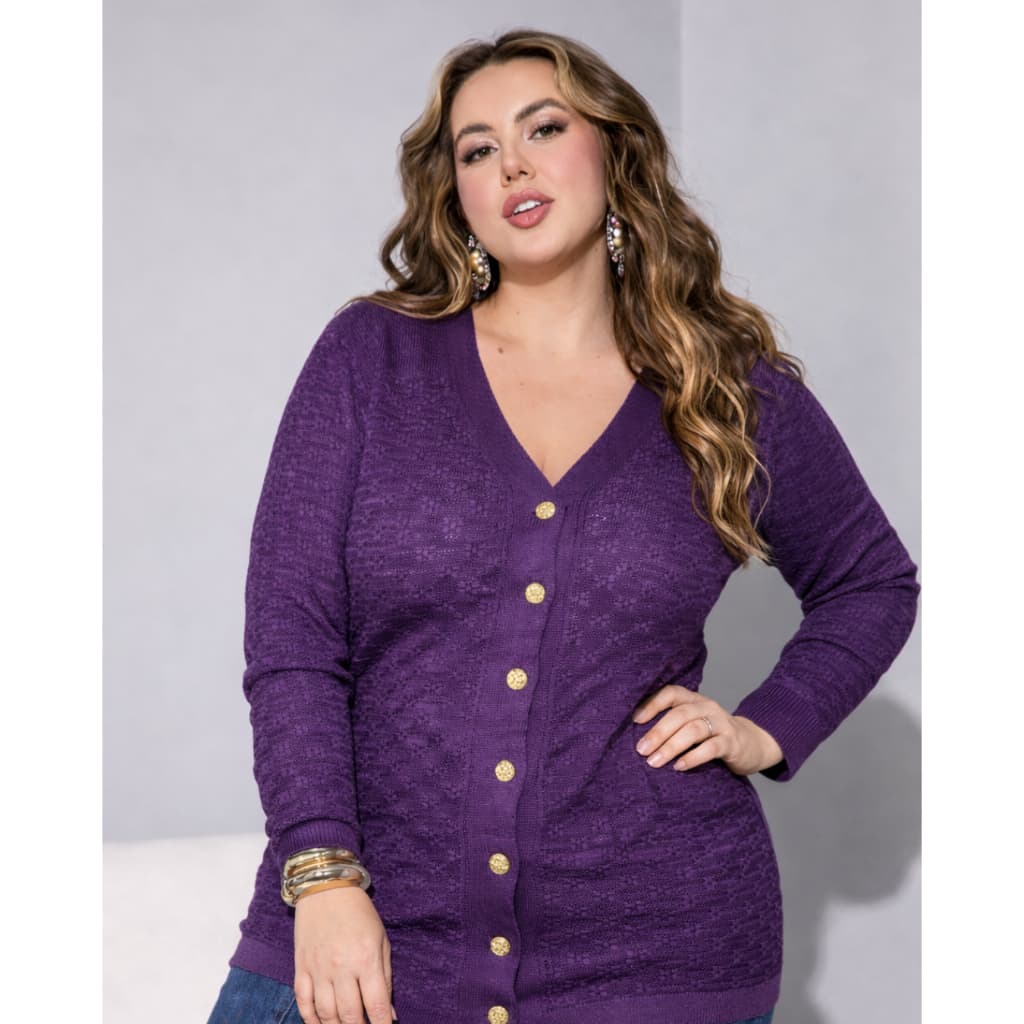 Cardigan Tricot Plus Size C Botão Dourados Inverno Tendência