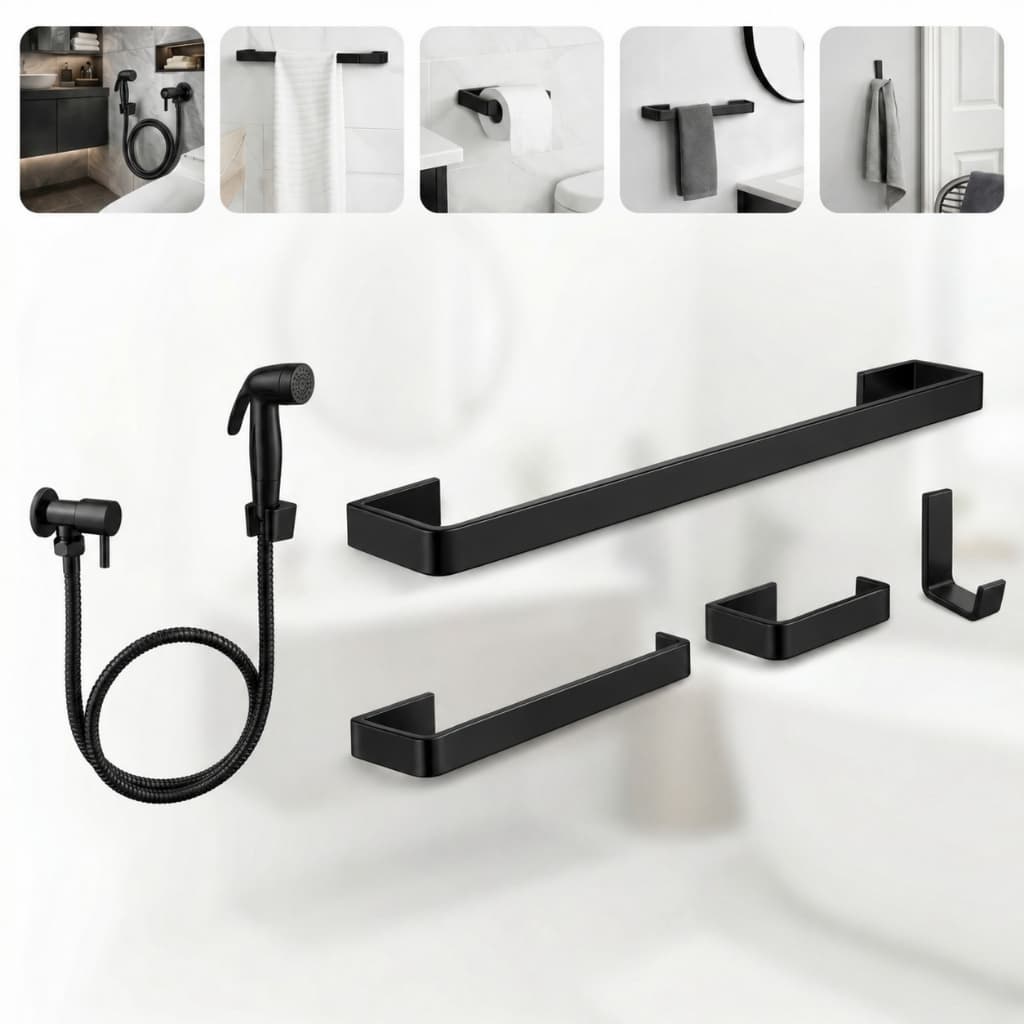 Kit Acessórios Banheiro Completo 4 Peças + Ducha Higiênica Preta 1/4 Volta ABS Luxo Preto Fosco