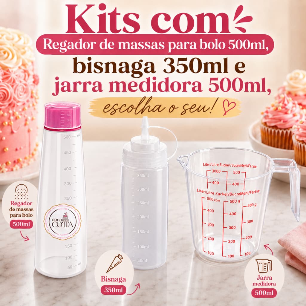 Kits com Regador Umedecedor de Massas 500ml Jarra Medidora 500ml Bisnaga 350ml Para Confeitaria Bolo