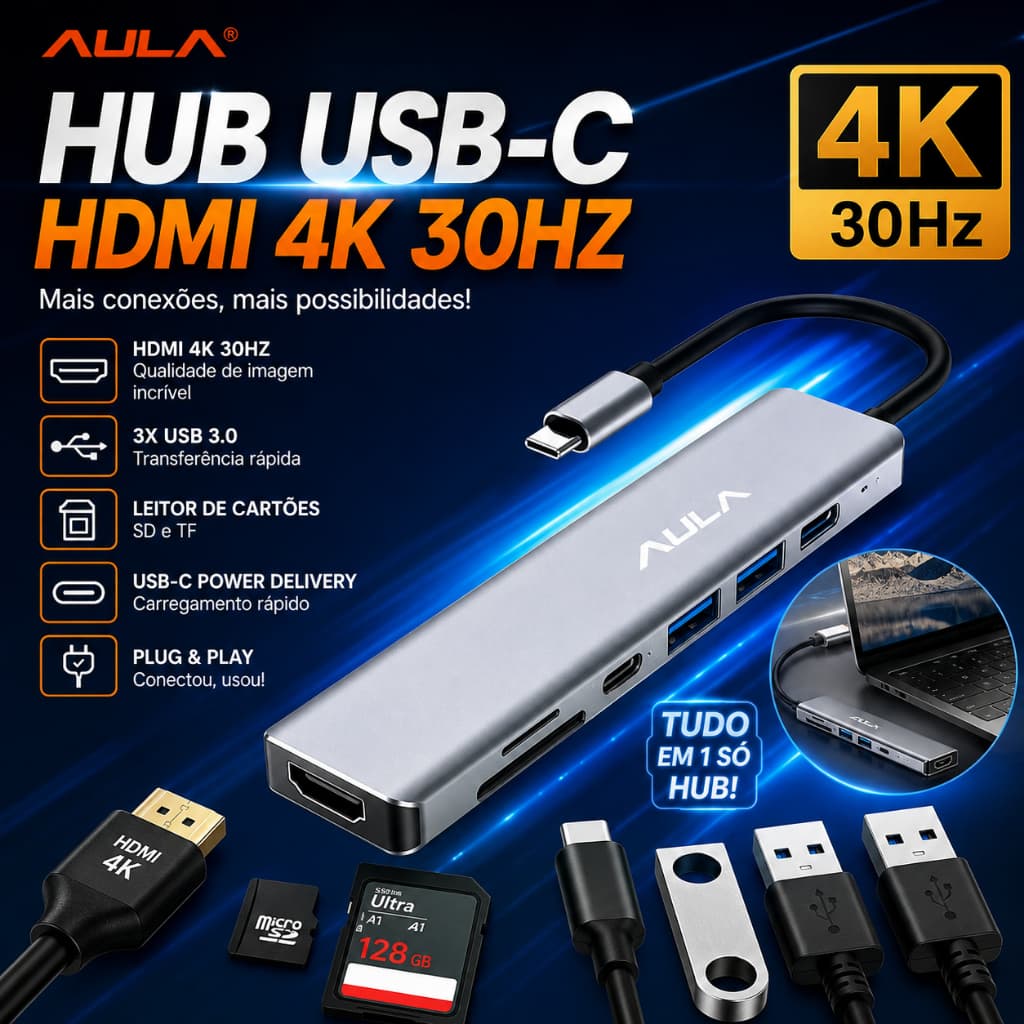 Hub Adaptador 7 portas Hdmi 4K USB 2.0 USB 3.0 Hub Tipo C 7 Em 1 Usb 3.0 Usb-c Entrada USB-C