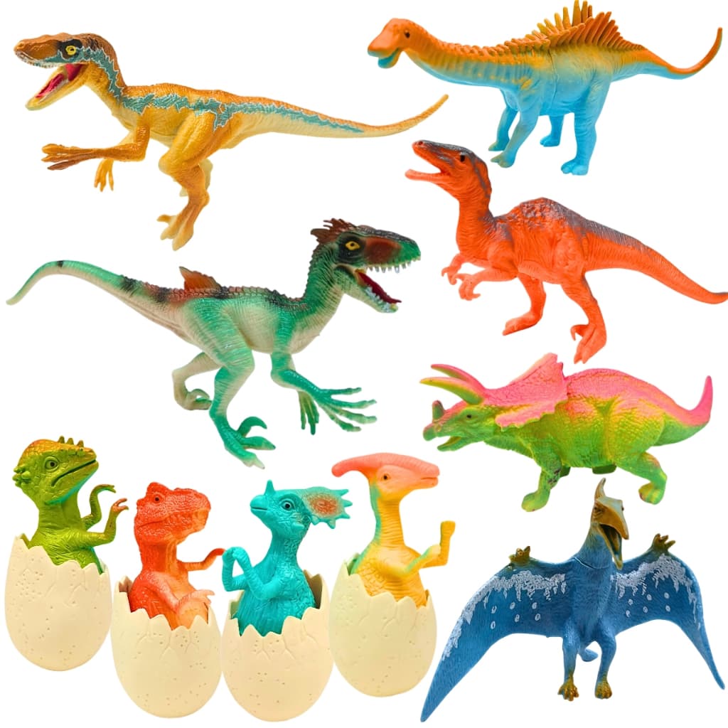 Kit 10 Dinossauros Brinquedo Realista Borracha Infantil Ovos de Dinossauro Filhote Tiranossauro Rex