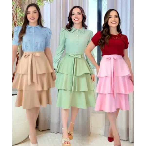 Saia  Midi Femenino Alfaiataria Três Babados  Moda Evangélica Elegante