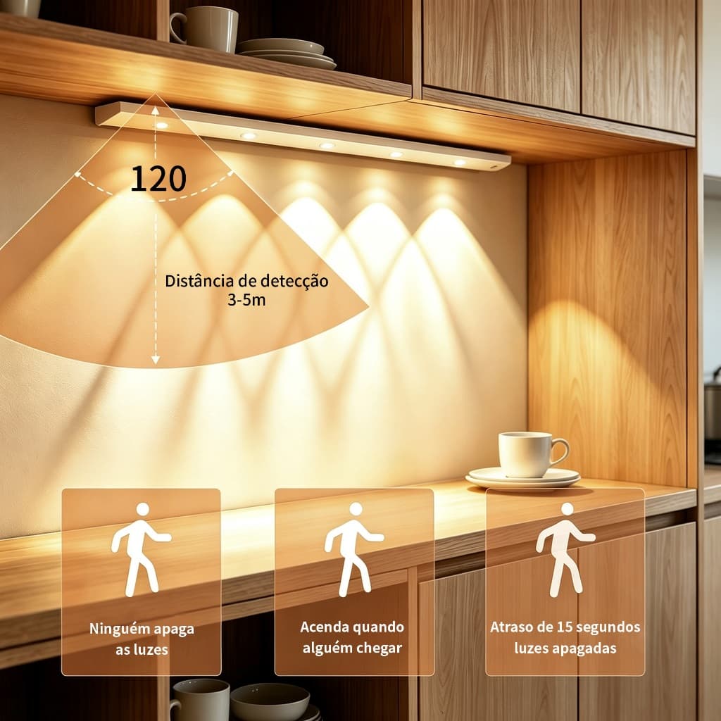 Luz LED com Sensor de Movimento Sem Fio USB Recarregável 20/30/40/60cm 3 Cores para Armário Guarda-Roupa Cozinha