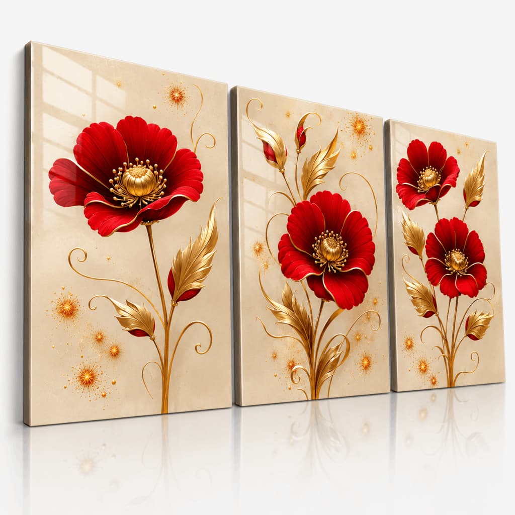 Kit 3 Quadros Decorativos Florais Vermelhos e Dourados em MDF para Sala Quarto Escritório Moderno