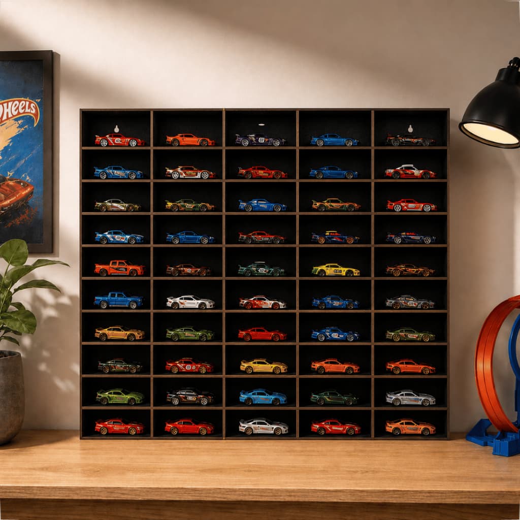 Suporte Porta Carrinhos Hot Wheels Colecionaveis Expositor 50 Espaços 4x10cm Madeira Mdf