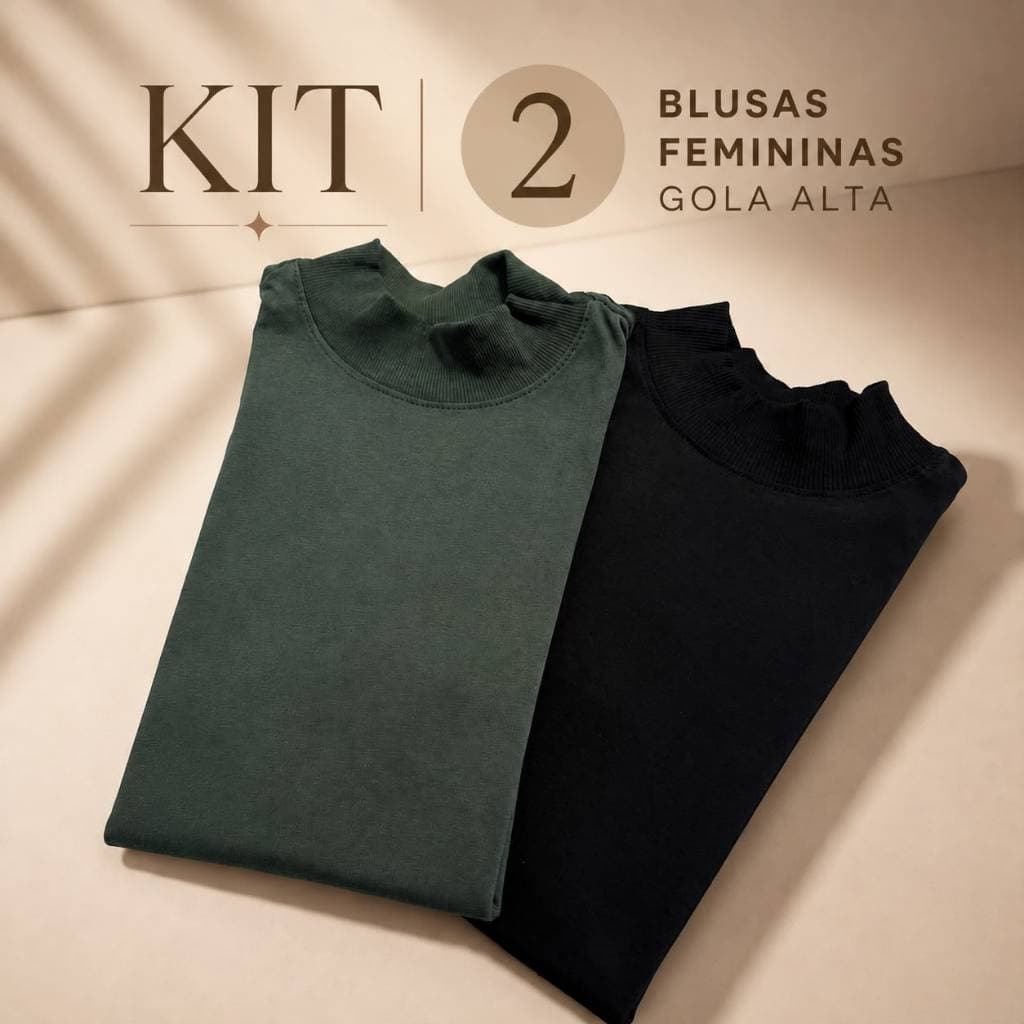 KIT 2 BLUSAS FEMININAS 100% ALGODÃO MANGA CURTA T-SHIRT  GOLA ALTA