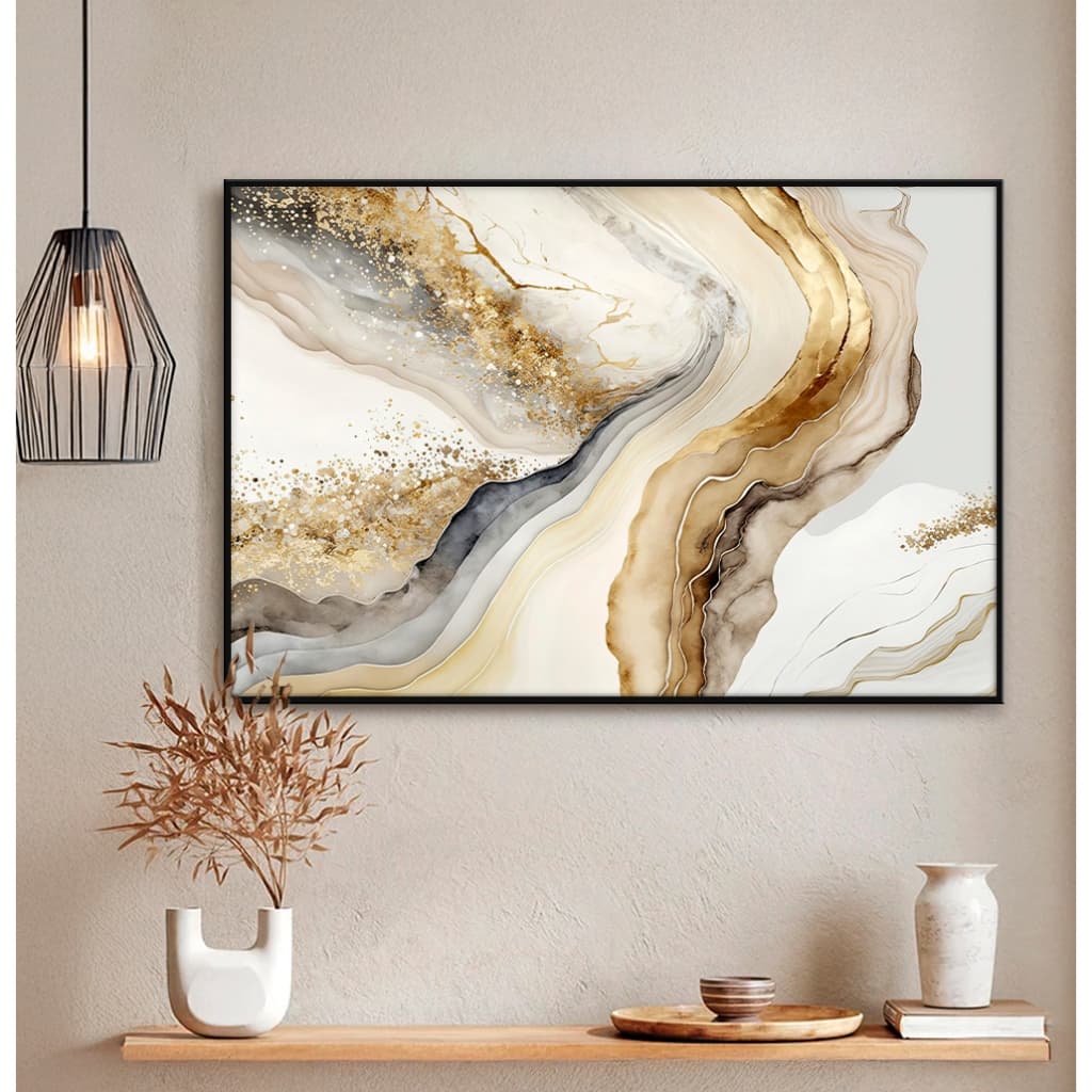 Quadro com Vidro Abstrato Marmorizado Bege Cinza com Dourado Quadro Decorativo