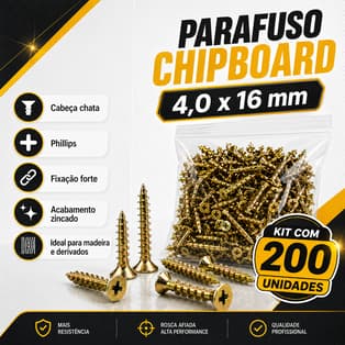 Kit 200 Parafusos Chipboard 4,0x16 Cabeça Chata para Madeira Alta Fixação