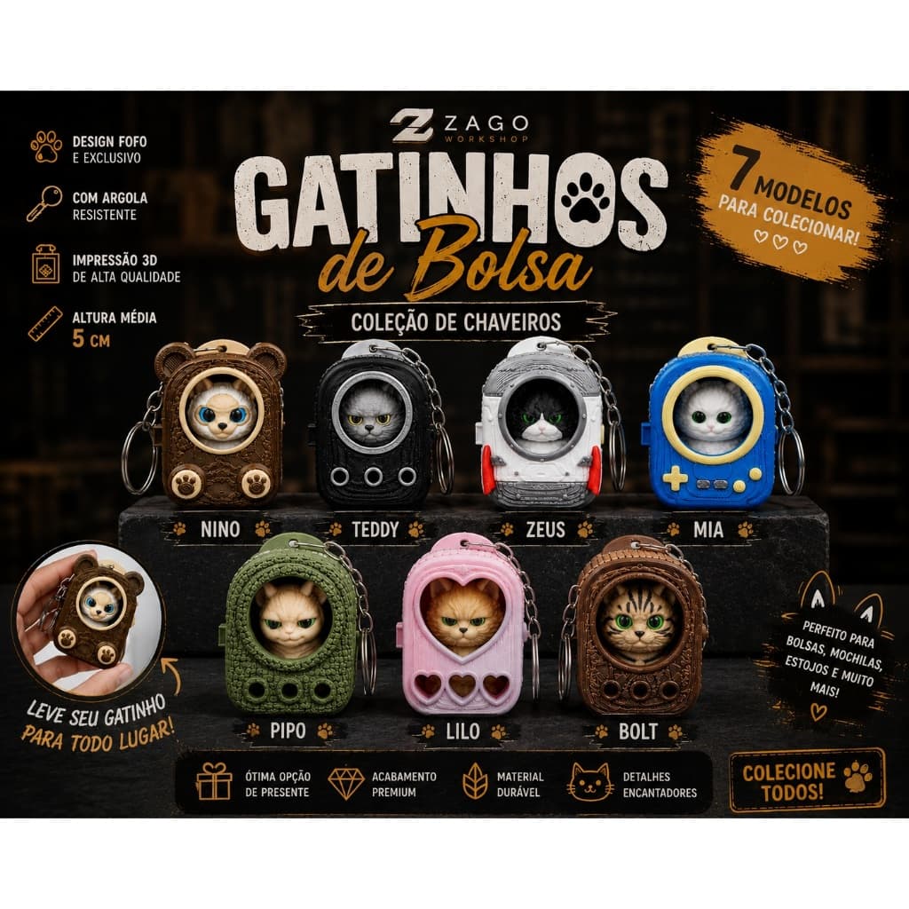Coleção de chaveiros Gatinhos de bolsa Chaveiro - Gatinho na Mochila Personalizado - Colecionável - fecho magnético