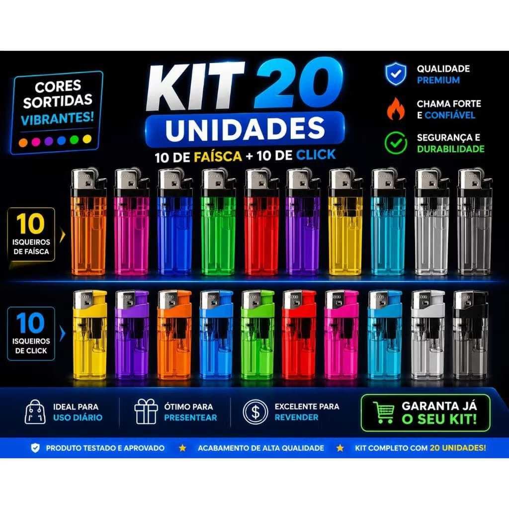 Kit 20 isqueiro simples colorido recarregáveis ideal para revenda bares  restaurantes pronto para usar