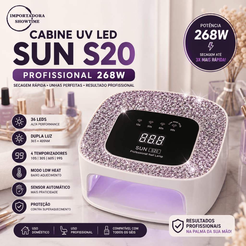 Cabine UV LED SUN S20 268W Profissional para Unhas em Gel Bivolt Strass